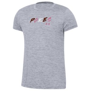 Grey youth short sleeve tee with pokes on front chest. Pokes is multicolored pink and white with under armor logo under S.