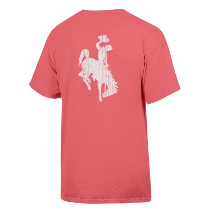 coral short sleeve tee with bold Wyoming in white with black outline. Cowboys in G of Wyoming and large white bucking horse on back.
