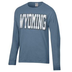 blue long sleeve tee with bold Wyoming in white with black outline. Cowboys in G of Wyoming and large white bucking horse on back.
