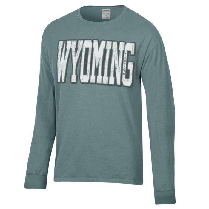 green long sleeve tee with bold Wyoming in white with black outline. Cowboys in G of Wyoming and large white bucking horse on back.