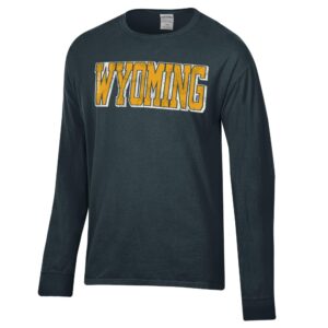 grey long sleeve t-shirt with wyoming across center chest in big bold lettering. Lettering is gold with white outline