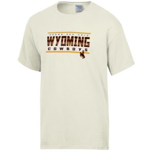 off-white short sleeve tee with design on front. gold bars at top and bottom with Wyoming in multi-tone brown with cowboys in brown.