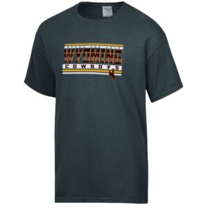 grey short sleeve tee with design on front. White and gold bars at top and bottom with Wyoming in multi-tone brown with cowboys in brown boxed in white.