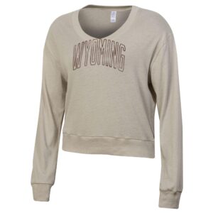 off-white women's long sleeve tee. Design is brown outline of arced wyoming near neckline.
