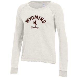 white women's crewneck sweatshirt. design is Wyoming Arced with bucking horse and cowboys under wyo. Whole design is in Brown