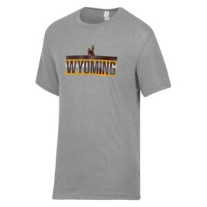 Grey short sleeve tee with design on front. Background is white brown and gold stripes with Wyoming on top. Bucking horse below neckline.