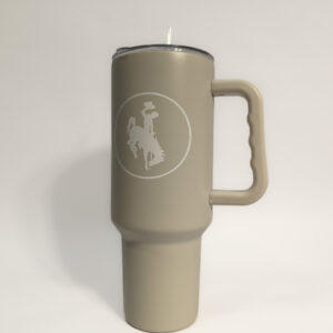 sand 40- ounce tumbler. design is white circle with white bucking horse in center. Design is on two sides.