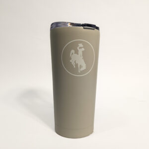 sand 20- ounce tumbler. design is white circle with white bucking horse in center. Design is on two sides.