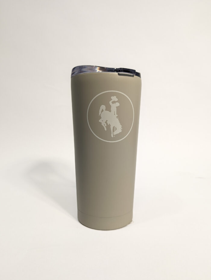 sand 20- ounce tumbler. design is white circle with white bucking horse in center. Design is on two sides.