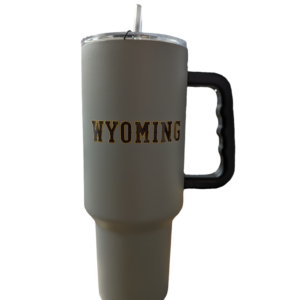 40oz grey tumbler with straw opening in lid. Tumbler is grey with a design on each side, designs are, wyoming in brown with gold outline and bucking horse brown with gold outline