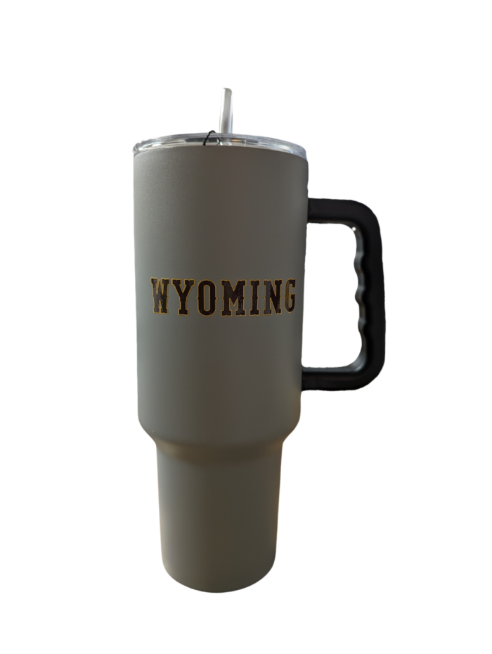 40oz grey tumbler with straw opening in lid. Tumbler is grey with a design on each side, designs are, wyoming in brown with gold outline and bucking horse brown with gold outline