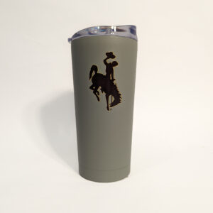 grey 20-ounce tumbler with brown bucking horse with gold outline