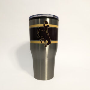 30-ounce striped tumbler. gold bars with Brown bar in middle with outline gold wyoming and bucking horse on other side, brown with gold outline.