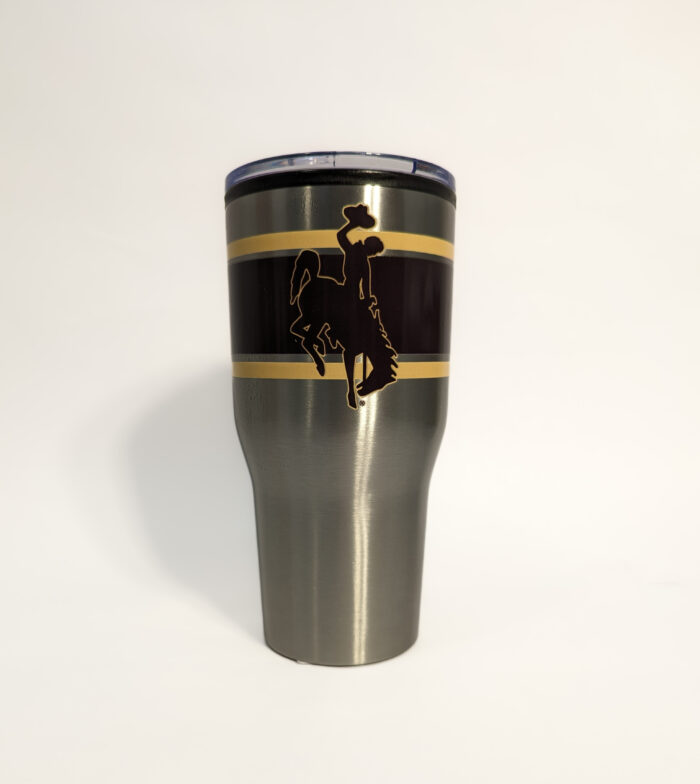 30-ounce striped tumbler. gold bars with Brown bar in middle with outline gold wyoming and bucking horse on other side, brown with gold outline.