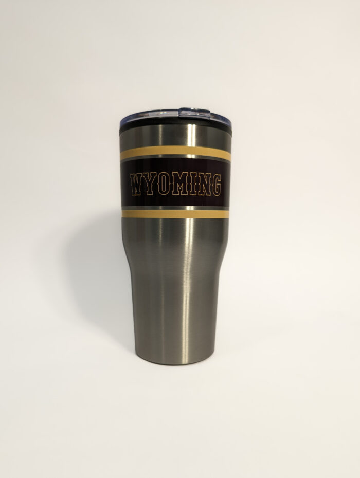 30-ounce striped tumbler. gold bars with Brown bar in middle with outline gold wyoming and bucking horse on other side, brown with gold outline.
