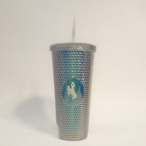 24-ounce studded tumbler. iridescent color with white bucking horse on front