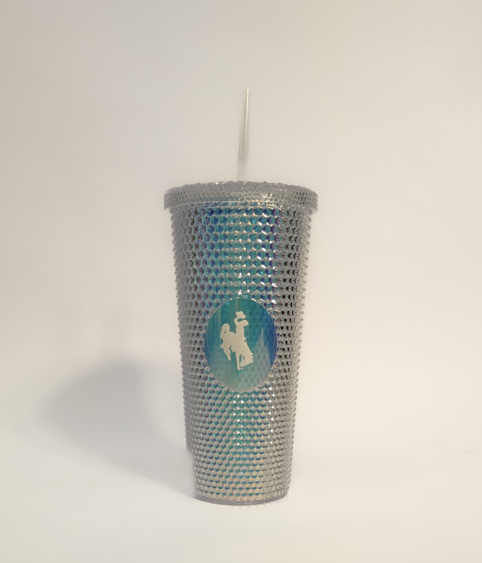 24-ounce studded tumbler. iridescent color with white bucking horse on front