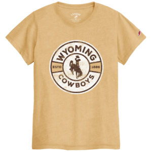 Gold short sleeve tee, circle design with wyoming cowboys arced in circle in brown. Circle has a white background with bucking horse in center