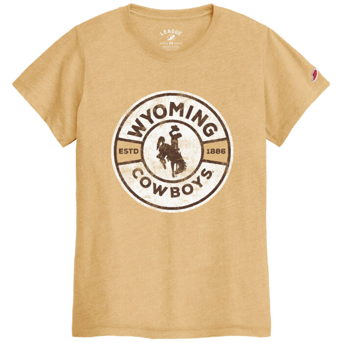 Gold short sleeve tee, circle design with wyoming cowboys arced in circle in brown. Circle has a white background with bucking horse in center