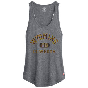 grey women's tank top, with a racer back. Design is arced wyoming with boxed 86 under and cowboys on bottom. All text is brown with a gold outline. Design is center chest.