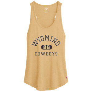 gold women's tank top, with a racer back. Design is arced wyoming with boxed 86 under and cowboys on bottom. All text is brown with a white outline. Design is center chest.