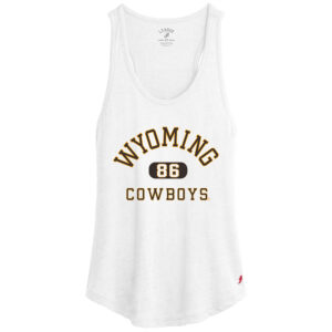 white women's tank top, with a racer back. Design is arced wyoming with boxed 86 under and cowboys on bottom. All text is brown with a gold outline. Design is center chest.