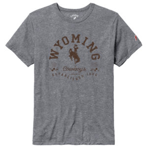Grey short sleeve t-shirt, with brown design on front. Wyoming in half circle shape with bucking horse under. Script cowboys under bucking horse with established 1886 under. Design is center chest