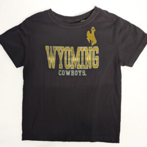 Grey short sleeve tee. Design is front center chest. Wyoming in gold with brown outline with cowboys in white under. gold bucking horse left upper chest