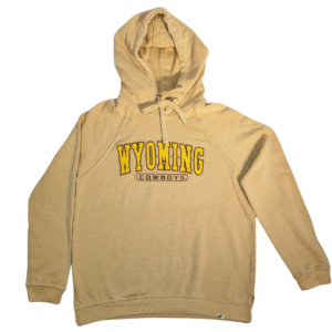 Womens sweatshirt, gold. Wyoming, gold with brown outline, arced across chest. Cowboys, in brown, boxed, under wyoming.