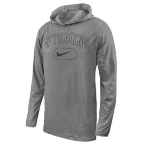 Grey long sleeve hooded t-shirt. Design on front is outline of Wyoming with circled nike swoosh under. Design is in all black.