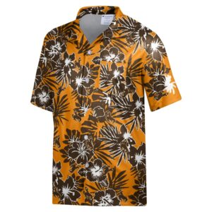 gold and brown Hawaiian print button up tee. Print is on front and back with bucking horses scattered throughout in brown