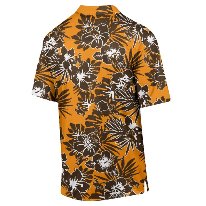 gold and brown Hawaiian print button up tee. Print is on front and back with bucking horses scattered throughout in brown