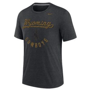 Grey short sleeve tee. Design is distressed baseball style font Wyoming with bucking horse and cowboys under Wyo. Wyo and cowboys in gold, with grey Bucking horse