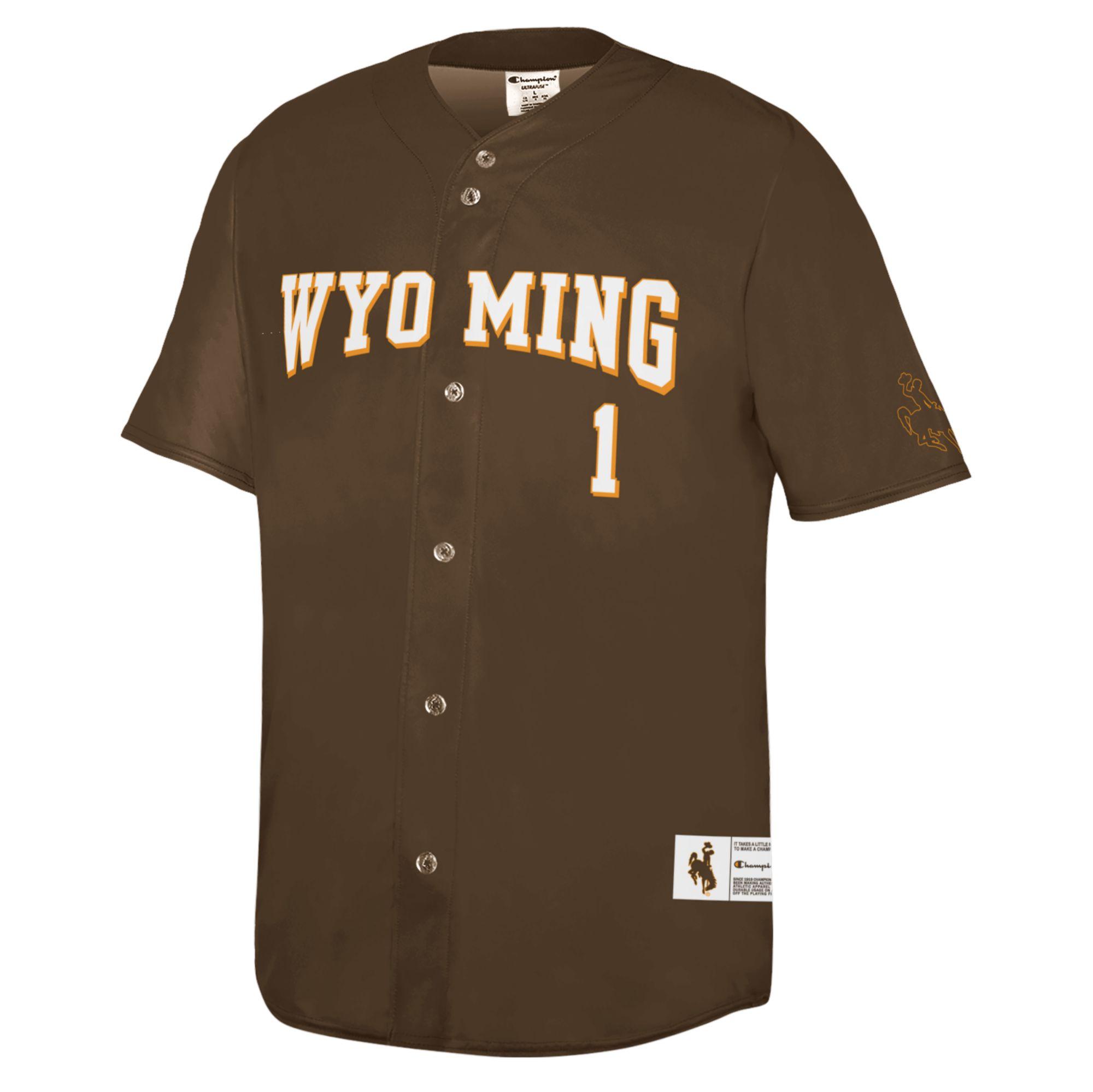 brown baseball jersey with wyoming in white with gold outline. number 1 under wyoming in white and gold. gold bucking horse outline on left sleeve