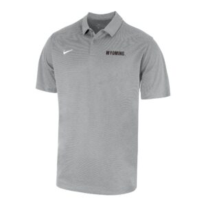 grey short sleeve polo. White nike swoosh on right chest and black wyoming on left chest
