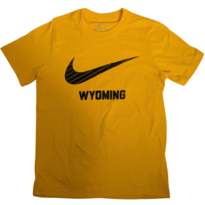 Gold youth Nike short sleeve tee. Nike swoosh on front with bold wyoming under. all text is black