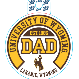 Circle decal with arced university of Wyoming, in brown with gold background. Dad is center in gold with brown outlined with bucking horse under in brown.