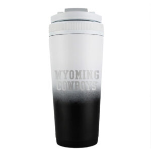 Ombre white, top, black, bottom, 26 ounce ice shaker tumbler. Wyoming cowboys engraved on one side.