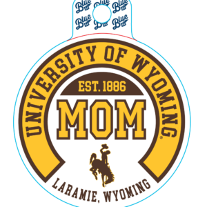 Circle decal with arced university of Wyoming, in brown with gold background. Mom is center in gold with brown outlined with bucking horse under in brown.