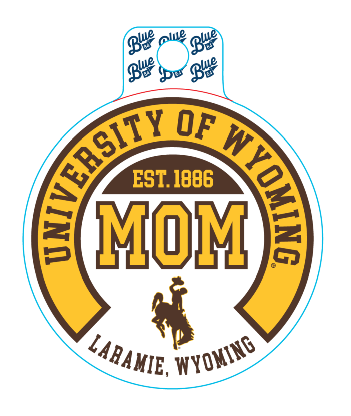 Circle decal with arced university of Wyoming, in brown with gold background. Mom is center in gold with brown outlined with bucking horse under in brown.