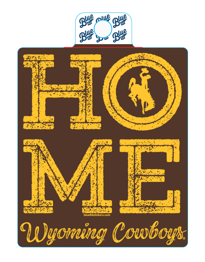 Square decal with brown background. Home in all caps in gold with script wyoming cowboys at bottom