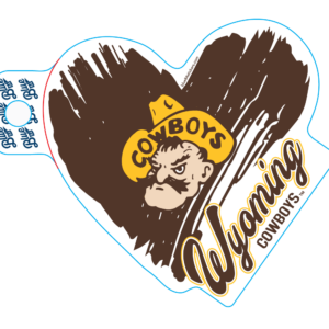 Heart shaped decal with brown background, pistol pete head in center with script wyoming cowboys in brown with gold outline