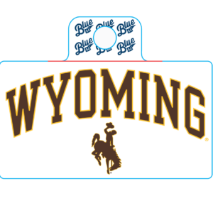 rectangle decal with arced wyoming and bucking horse. design is in brown with gold outline