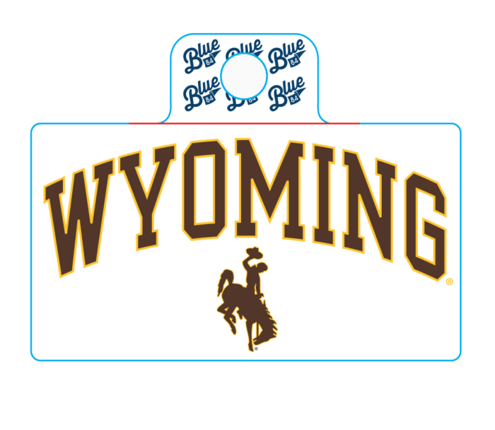 rectangle decal with arced wyoming and bucking horse. design is in brown with gold outline