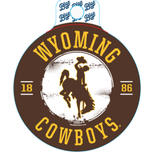 circle decal with brown outer circle and white center. at top, wyoming and cowboys at bottom in gold. 1886 and bucking horse in center.