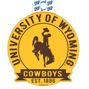 circle decal with gold background and brown text. University of Wyoming arced at top with bucking horse in center and cowboys, within banner, at bottom