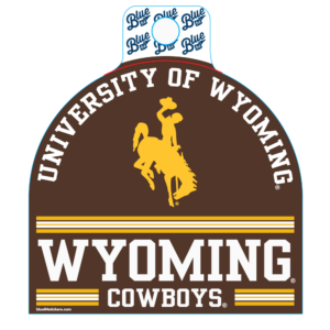 half circle decal with arced university of wyoming at top and bucking horse in center. Wyoming cowboys at bottom. Text is white and bucking horse is gold.