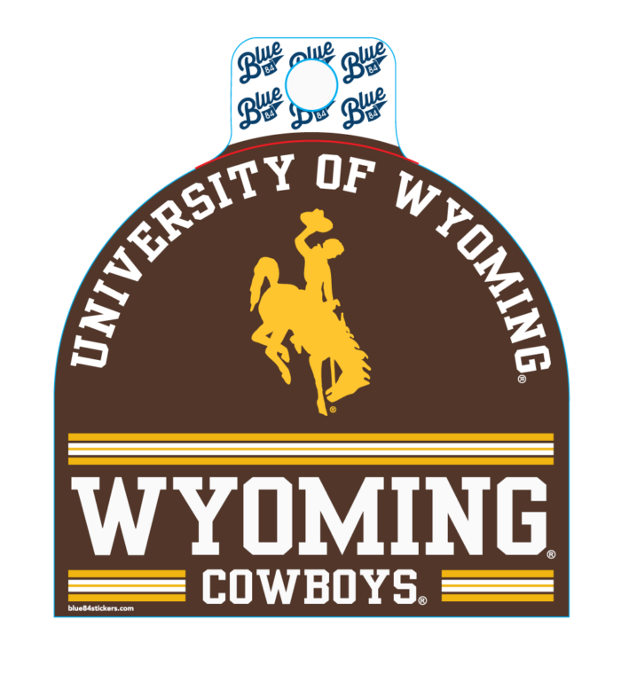 half circle decal with arced university of wyoming at top and bucking horse in center. Wyoming cowboys at bottom. Text is white and bucking horse is gold.