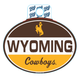 oval decal with brown top white center and gold bottom with Wyoming in brown in center and cowboys in brown at bottom.