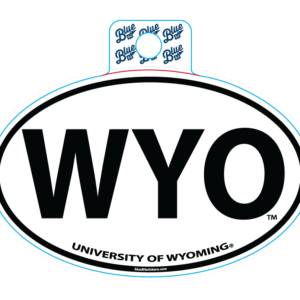 Oval decal with black boarder and black wyo in center. university of wyoming in black at bottom